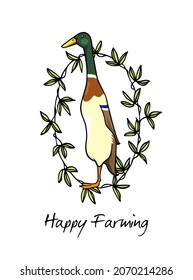 Vector card with hand drawn portrait of a cute Mallard Indian Runner duck in floral wreath. Ink drawing, graphic style. Beautiful farm products design elements. svg
