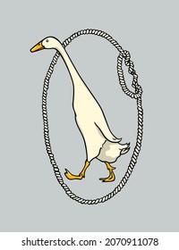 Vector card with hand drawn portrait of a cute white Indian Runner duck in nautical rope frame. Ink drawing, graphic style. Beautiful farm products design elements.