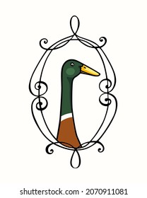 Vector card with hand drawn portrait of a cute Mallard Indian Runner duck in elegant vintage frame. Ink drawing, graphic style. Beautiful farm products design elements. svg