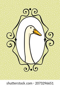 Vector card with hand drawn portrait of a cute white Indian Runner duck in elegant vintage frame. Ink drawing, graphic style. Beautiful farm products design elements.