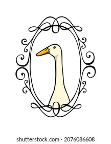 Vector card with hand drawn portrait of a cute white Indian Runner duck in elegant vintage frame. Ink drawing, graphic style. Beautiful farm products design elements. svg
