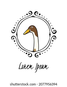 Vector card with hand drawn portrait of a cute fawn and white Indian Runner duck in elegant vintage frame. Ink drawing, graphic style. Beautiful farm products design elements. svg