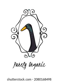 Tarjeta vectorial con retrato a mano de un lindo pato negro hindú Runner en un elegante marco vintage. Dibujo de tinta, estilo gráfico. Los bonitos productos de la granja están diseñados.