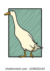 Vector card with a hand drawn portrait of a cute white Indian Runner duck in austere frame. Ink drawing, graphic style. Beautiful farm products design elements. svg