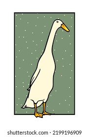 Vector card with a hand drawn portrait of a cute white Indian Runner duck on polka dots background in austere frame. Ink drawing, graphic style. Beautiful farm products design elements. svg