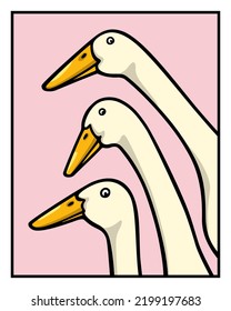 Vector card with a hand drawn portrait of a group of cute white Indian Runner ducks. Ink drawing, graphic style. Beautiful farm products design elements. svg