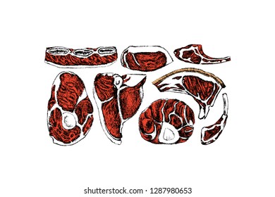 Vector card with hand drawn raw meat cuts. Beautiful food design elements, chalk drawing