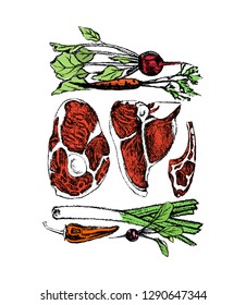 Vector card with hand drawn raw meat cuts and vegetables. Beautiful food design elements, chalk drawing