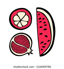 Vector card with hand drawn red exotic fruits. Beautiful ink drawing, heavy contour, graphic style. Food design elements.