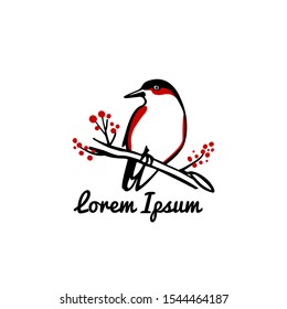 Vector card with hand drawn red-breasted bird with red berries made with ink. Beautiful animal design elements, logo template