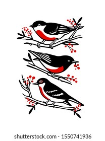 Vector card with hand drawn red-breasted birds with red berries made with ink. Beautiful Christmas and animal design elements, logo template