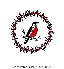 Vector card with hand drawn red-breasted bird in red berries wreath made with ink. Beautiful Christmas and New Year design elements.