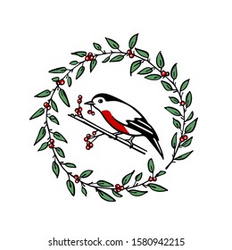 Vector card with hand drawn red-breasted bird in red berries wreath made with ink. Beautiful Christmas and New Year design elements.