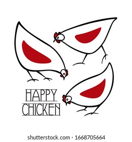 Tarjeta vectorial con gallinas divertidas de ala roja dibujadas a mano. Hermoso dibujo de tinta, ilustración retro. Elementos perfectos para el diseño alimentario o agrícola.