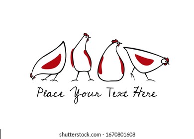 Vector card with hand drawn red-winged funny hens. Beautiful ink drawing, retro illustration. Perfect elements for food or farming design.