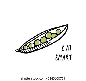 Vector card with hand drawn ripe pea pod made in graphic way. Ink drawing. Beautiful healthy food or farm markets design elements