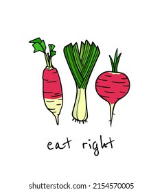Vector card with hand drawn ripe turnip, leek and radish made in graphic way. Ink drawing. Beautiful healthy food or farm markets design elements