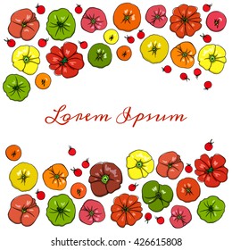 Vector card with hand drawn ripe colorful tomatoes. Vegetarian, healthy food illustration. Beautiful design elements.