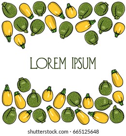 Vector card with hand drawn ripe zucchini varieties. Cool vegetable print, beautiful design elements