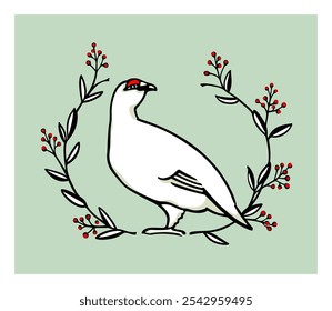 Vector card with hand drawn rock ptarmigan in floral red berries wreath. Ink drawing, decorative graphic style. Beautiful northern wild nature design elements