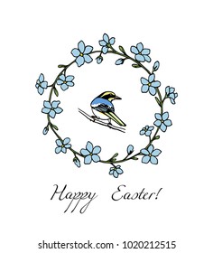 Vector card with hand drawn round frame made of forget-me-not flowers with a small bird in. Beautiful design elements, ink drawing, perfect for Easter celebration