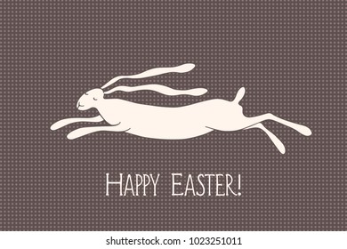 Vector card with hand drawn running hare polka dots background. Beautiful  Easter illustration.
