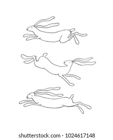 Vector card with hand drawn running hares made with ink. Beautiful  Easter illustration.