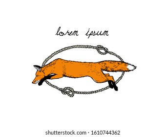 Vector card with hand drawn running fox in nautical rope frame made with ink. Perfect animal design elements, logo or branding template