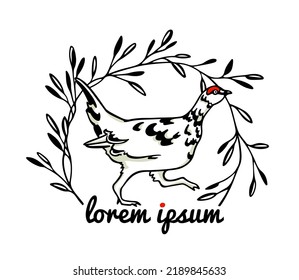 Vector card with hand drawn running rock ptarmigan with red eyebrows in leafy floral wreath. Ink drawing, decorative graphic style. Beautiful northern wild nature design elements