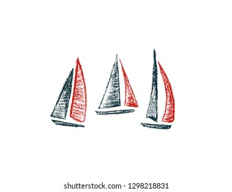 Vector card with hand drawn sailing ships. Hand drawn with chalk sailing boats. Beautiful design elements, perfect for nursery.