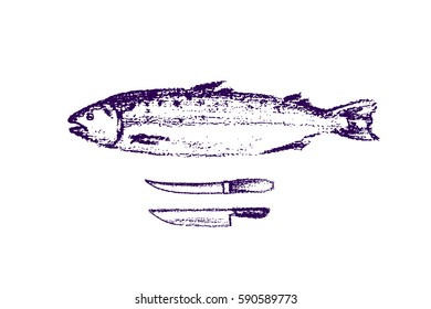 Vector card with hand drawn salmon and kitchen knives. Chalk drawing, grunge texture, graphic style. Cooking preparation scene stylized as chalk drawing.