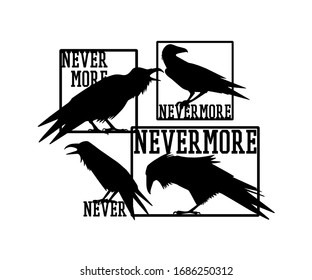 Vector card with hand drawn set of emblems with silhouettes of ravens and Nevermore word referring Edgar Allan Poe's poem. Ink drawing, graphic style. Beautiful design elements