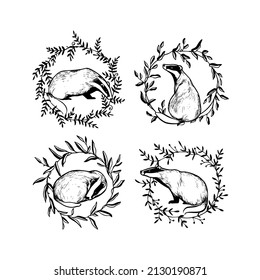 Vector card with hand drawn set of sweet Badgers in graceful black floral wreath made with ink. Perfect animal design elements, logo template