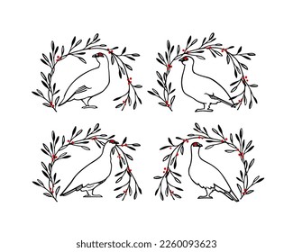 Vector card with hand drawn set of graceful white rock ptarmigans in floral red berries laurel. Ink drawing, decorative graphic style. Beautiful northern wild nature design elements