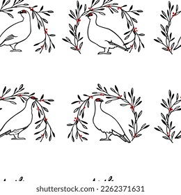 Vector card with hand drawn set of graceful white rock ptarmigans in floral red berries laurel. Ink drawing, decorative graphic style. Beautiful northern wild nature design elements