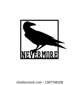 Vector card with hand drawn silhouette  of raven with Nevermore word referring Edgar Allan Poe's poem. Ink drawing, graphic style. Beautiful design elements