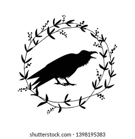 Vector card with hand drawn silhouette  of a raven in floral wreath. Ink drawing, graphic style. Beautiful animal design elements