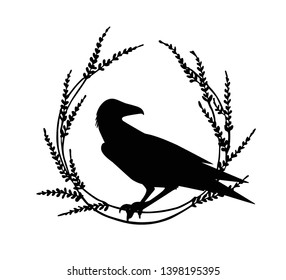 Vector card with hand drawn silhouette  of a raven in floral wreath. Ink drawing, graphic style. Beautiful animal design elements
