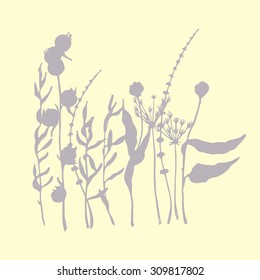 Vector card with hand drawn silhouettes of wild plants. Invitation or greeting card. Cool design elements.