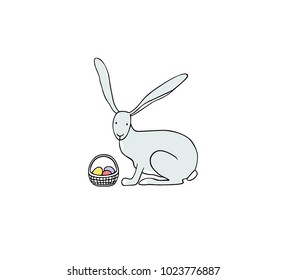 Vector card with hand drawn sitting cute hare with Easter eggs in the basket. Beautiful  Easter illustration.