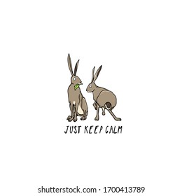 Vector card with hand drawn sitting sweet hares. Perfect design elements, beautiful animal illustration, ink drawing