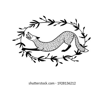 Vector card with hand drawn sleeping red fox in graceful floral wreath. Beautiful wild nature design elements, ink drawing, linocut style