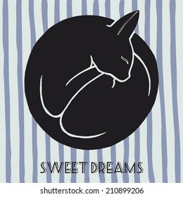 Vector card with hand drawn sleeping cat rolled up into a ball and Sweet Dreams wishing