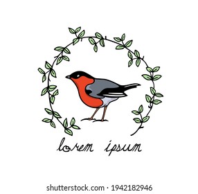Vector card with hand drawn small red-breasted bird in green leafy wreath made with ink. Perfect animal design elements, logo template