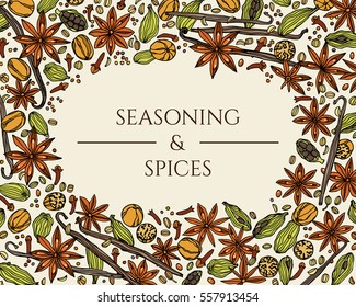 Vector card with hand drawn spices. Beautiful food design elements, perfect for any business related to the food industry.