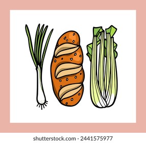 Vector card with hand drawn spring onion, fresh bread loaf and celery made in graphic style. Ink drawing, beautiful healthy food design elements