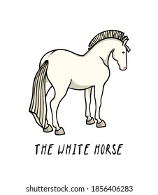 Tarjeta vectorial con el caballo blanco dibujado a mano hecho con tinta. Dibujo hermoso, ilustración animal, plantilla de logotipo