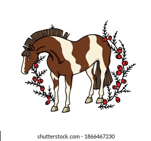 Vector card with hand drawn standing Pinto horse in floral red berry wreath made with ink. Beautiful drawing, animal illustration, logo template