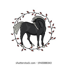 Vector card with hand drawn standing black horse in floral berry wreath made with ink. Beautiful drawing, animal illustration, logo template