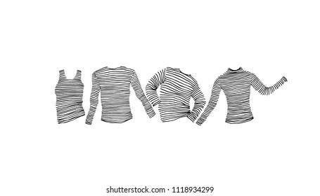 Vector card with hand drawn striped shirts. Ink drawing, beautiful casual fashion design elements